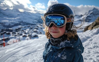 Fototapeta na wymiar boy skier with Ski goggles and Ski helmet on the snow mountain