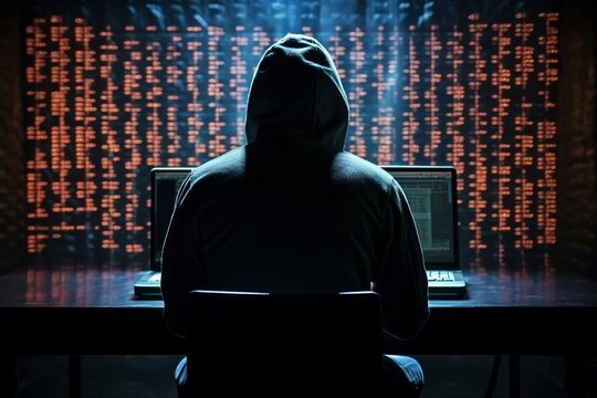 a person in a hoodie sitting at a desk with two laptops