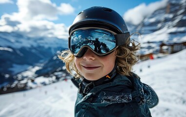 boy skier with Ski goggles and Ski helmet on the snow mountain