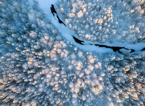 Small river in a cold winter forest at sunset. Beautiful landscape taken from the sky. Republic of Karelia.