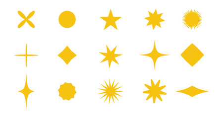 Different style of twinkling stars collection. Set of star shapes. Abstract cool shine effect sign vector design.