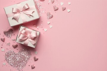 Top view photo of white gift boxes with pink bows silver decorative hearts sequins and heart shaped confetti on isolated pastel pink background with empty, Generative AI - obrazy, fototapety, plakaty