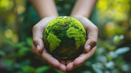 Child's hand holding a green globe