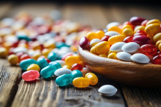a bowl of pills on a table