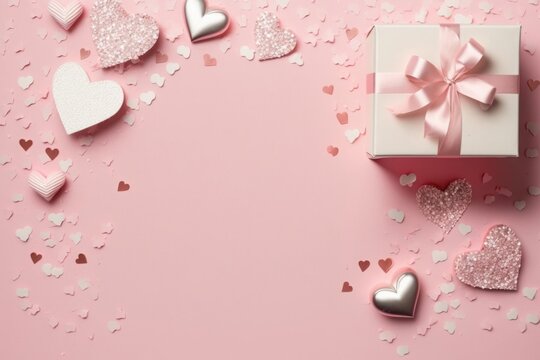 Top view photo of white gift boxes with pink bows silver decorative hearts sequins and heart shaped confetti on isolated pastel pink background with empty, Generative AI