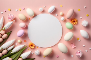 Easter concept. Top view photo of empty circle colorful eggs easter bunny ears backing molds carrots and sprinkles on isolated pastel pink background with empty, Generative AI - obrazy, fototapety, plakaty