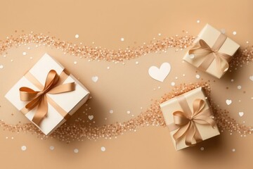 Top view photo of valentine's day decorations white gift boxes with glowing brown and light beige curly ribbon bows heart shaped confetti and sequins on isolated beige background, Generative AI