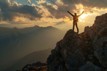 Sunrise triumph: A happy man reaches new heights, standing tall on a mountain summit, embracing the morning glow.