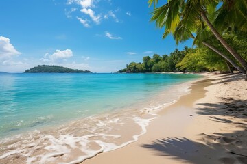 a beach with palm trees and blue water
