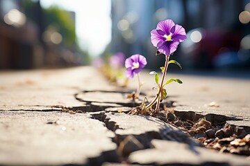 a purple flower growing through cracked pavement