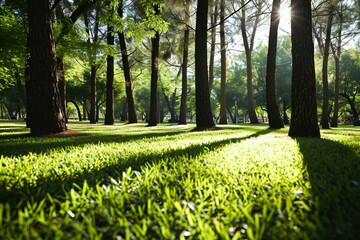 Obraz premium a grass field with trees and grass in the back