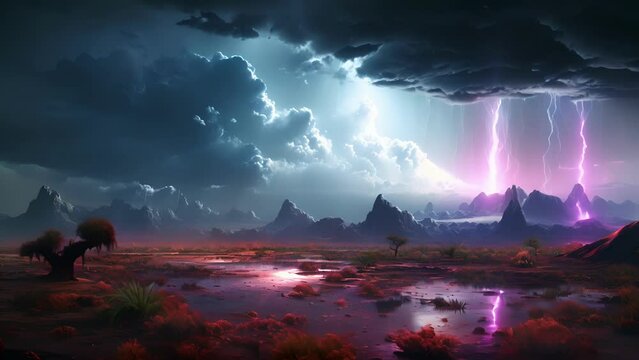 Witness a desert transformed into a vibrant oasis by a powerful rainmaker, whose mystical dance ensues an eternal downpour of colorful showers.