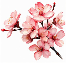 Watercolor alcohol ink macro cherry blossoms on a white background