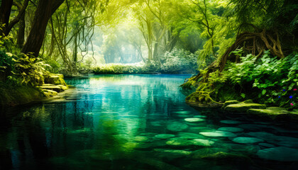 Fototapeta na wymiar Tranquil scene green tree reflects in peaceful pond, nature beauty