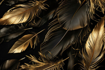 Gold feathers on black background.