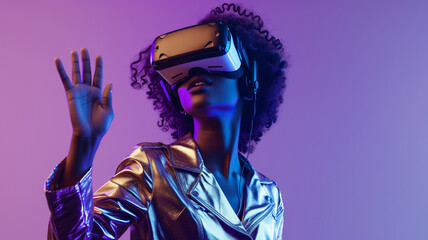 A woman experiencing virtual reality on a purple background.