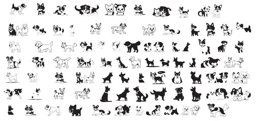 isolated black silhouette of a cute dog, collection icon set, vector - obrazy, fototapety, plakaty