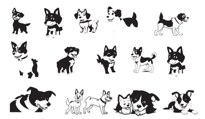 isolated black silhouette of a cute dog, collection set, vector