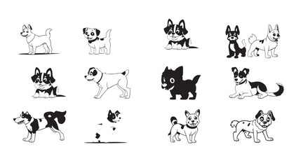 isolated black silhouette of a cute dog, collection set, vector