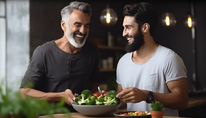 Romantic male couple in love cooking dinner in the kitchen , LGBQ concept