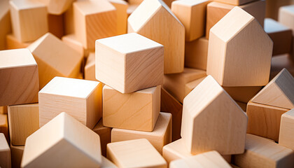 Close up of square wood blocks blank Wooden cudes - obrazy, fototapety, plakaty