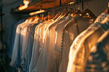 Fototapeta premium Close up of plain shirts hanging on built-in clothes racks with soft sun light, minimal fashion pastel t-shirts style concept.