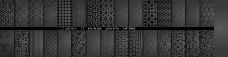 Set of geometric seamless patterns. Collection of geometric vector abstract ornament. Set of dark modern backgrounds with repeating elements