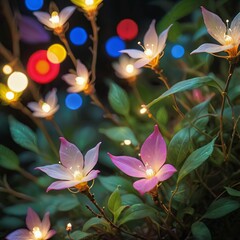 flower plant in the night garden. New Year light decoration. shallow focus. beauty closeup background. bloom fairy concept. abstract glowing wallpaper. celebration event light. colourful environment