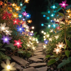 flower plant in the night garden. New Year light decoration. shallow focus. beauty closeup background. bloom fairy concept. abstract glowing wallpaper. celebration event light. colourful environment