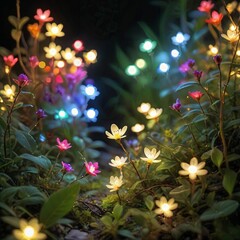 flower plant in the night garden. New Year light decoration. shallow focus. beauty closeup background. bloom fairy concept. abstract glowing wallpaper. celebration event light. colourful environment