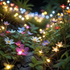 flower plant in the night garden. New Year light decoration. shallow focus. beauty closeup background. bloom fairy concept. abstract glowing wallpaper. celebration event light. colourful environment