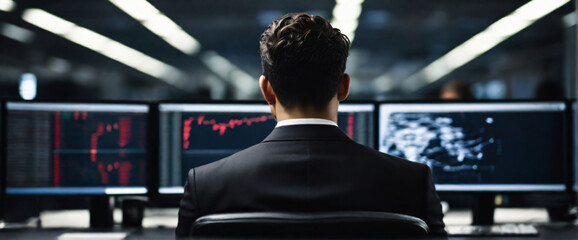 the shadowy world of hacking with a mesmerizing depiction of an businessman, their back presented in a half-turn, wearing suits in an office, seated in front of a commanding monitor - obrazy, fototapety, plakaty