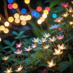 flower plant in the night garden. New Year light decoration. shallow focus. beauty closeup background. bloom fairy concept. abstract glowing wallpaper. celebration event light. colourful environment
