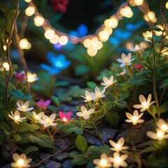 flower plant in the night garden. New Year light decoration. shallow focus. beauty closeup background. bloom fairy concept. abstract glowing wallpaper. celebration event light. colourful environment