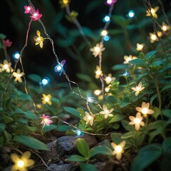 flower plant in the night garden. New Year light decoration. shallow focus. beauty closeup background. bloom fairy concept. abstract glowing wallpaper. celebration event light. colourful environment