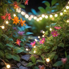 flower plant in the night garden. New Year light decoration. shallow focus. beauty closeup background. bloom fairy concept. abstract glowing wallpaper. celebration event light. colourful environment