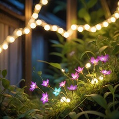 flower plant in the night garden. New Year light decoration. shallow focus. beauty closeup background. bloom fairy concept. abstract glowing wallpaper. celebration event light. colourful environment