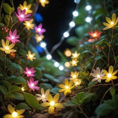 flower plant in the night garden. New Year light decoration. shallow focus. beauty closeup background. bloom fairy concept. abstract glowing wallpaper. celebration event light. colourful environment