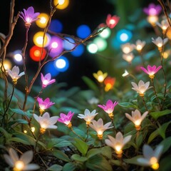 flower plant in the night garden. New Year light decoration. shallow focus. beauty closeup background. bloom fairy concept. abstract glowing wallpaper. celebration event light. colourful environment