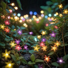 flower plant in the night garden. New Year light decoration. shallow focus. beauty closeup background. bloom fairy concept. abstract glowing wallpaper. celebration event light. colourful environment