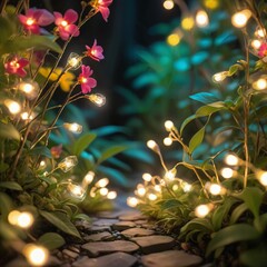 flower plant in the night garden. New Year light decoration. shallow focus. beauty closeup background. bloom fairy concept. abstract glowing wallpaper. celebration event light. colourful environment