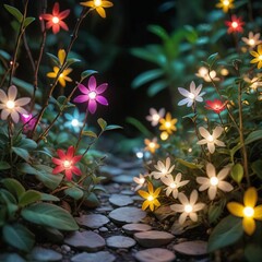 flower plant in the night garden. New Year light decoration. shallow focus. beauty closeup background. bloom fairy concept. abstract glowing wallpaper. celebration event light. colourful environment