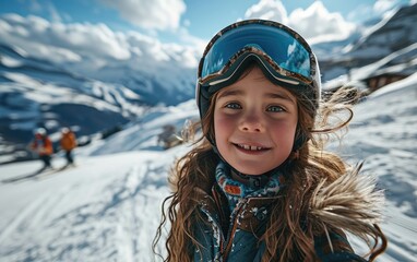 Fototapeta na wymiar little girl skier with Ski goggles and Ski helmet on the snow mountain