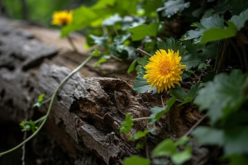 a yellow flower on a log