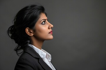a woman in a suit looking up