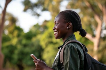 a woman smiling while holding a phone