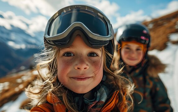 girl skier with friends with Ski goggles and Ski helmet on the snow mountain