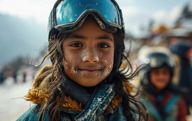 Fototapeta premium girl skier with friends with Ski goggles and Ski helmet on the snow mountain
