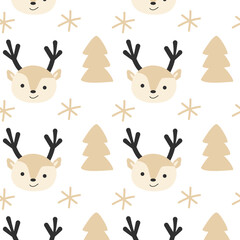 cute baby deer winter background with christmas tree. Vector illustration isolated. 