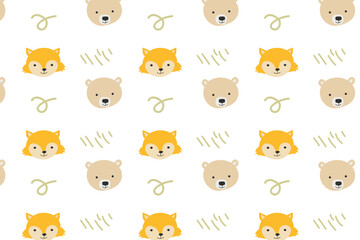cute fox and bear animal background for nursery things. Vector illustration isolated. 